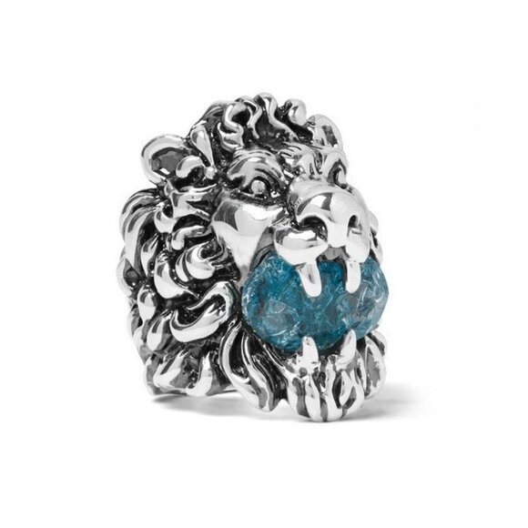 NEW Authentic Gucci Lion Head Crystal Ring In Silver & Blue Sz 10 IT 5.25 US - Picture 1 of 8